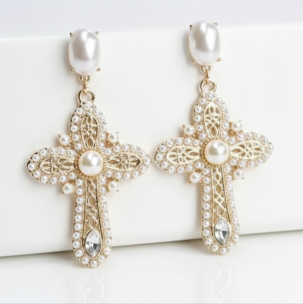 Vintage Gold and Pearl Cross Earrings